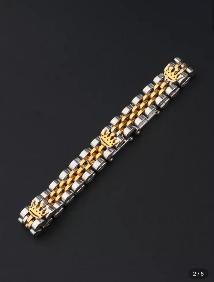 Goud & Zilver RVS Armband met Kroon Design, Sieraden, Tassen en Uiterlijk, Armbanden, Nieuw, Staal, Goud, Met bedels of kralen