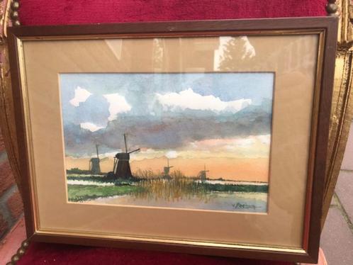 aquarel van W. van Beekum, molens bij de vaart, Huis en Inrichting, Woonaccessoires | Schilderijen, Tekeningen en Foto's, Nieuw