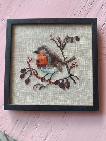 Vintage Geborduurd Roodborstje Schilderijtje beschikbaar voor biedingen