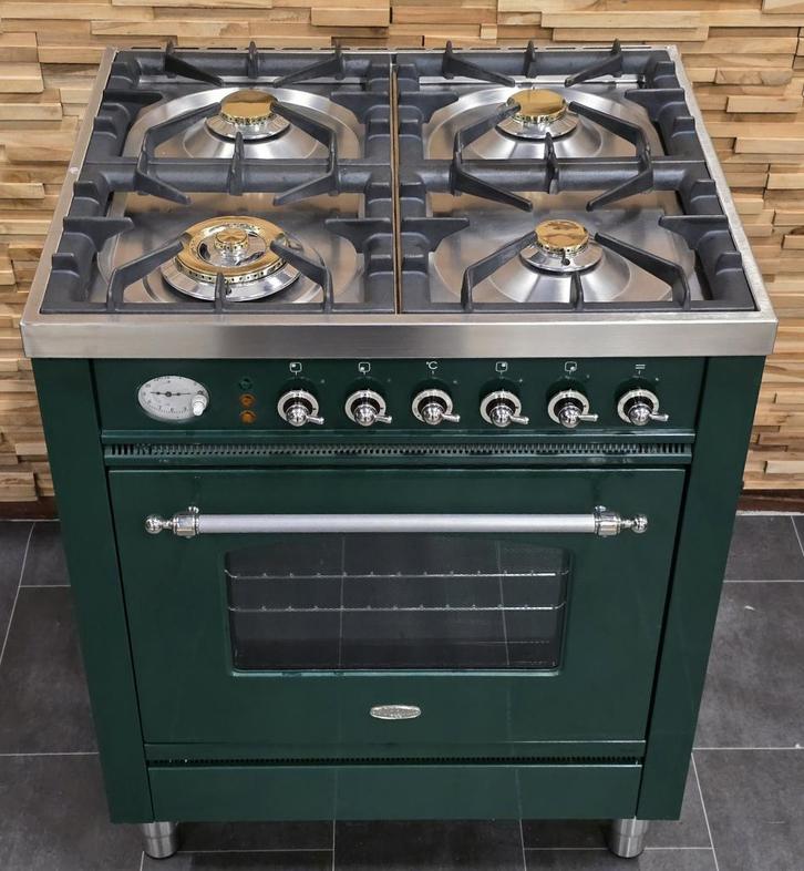 Luxe Fornuis Boretti 70cm groen + rvs 4 pits 1 oven, Witgoed en Apparatuur, Fornuizen, Zo goed als nieuw, Vrijstaand, Gas, 4 kookzones