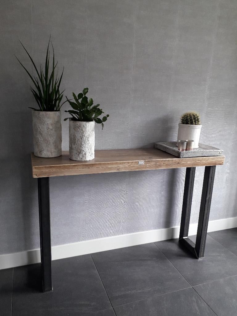 Sidetable op maat gemaakt steigerhout met hout / stalen poot, Nieuw, Ophalen of Verzenden, 150 tot 200 cm, 25 tot 50 cm