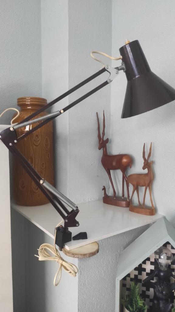 Vintage scharnierlamp bureaulamp architectenlamp bruin, Huis en Inrichting, Lampen | Tafellampen, Gebruikt, Minder dan 50 cm, Metaal