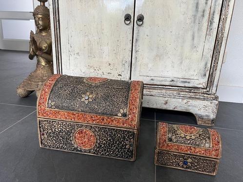 Thailand handwerk kist set stenen en metaal bewerkt oosters, Huis en Inrichting, Woonaccessoires | Kisten, Zo goed als nieuw, Minder dan 50 cm