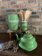 Brocante reseda groene emmer/zakketel/ lepelblik, Antiek en Kunst, Antiek | Emaille, Ophalen of Verzenden