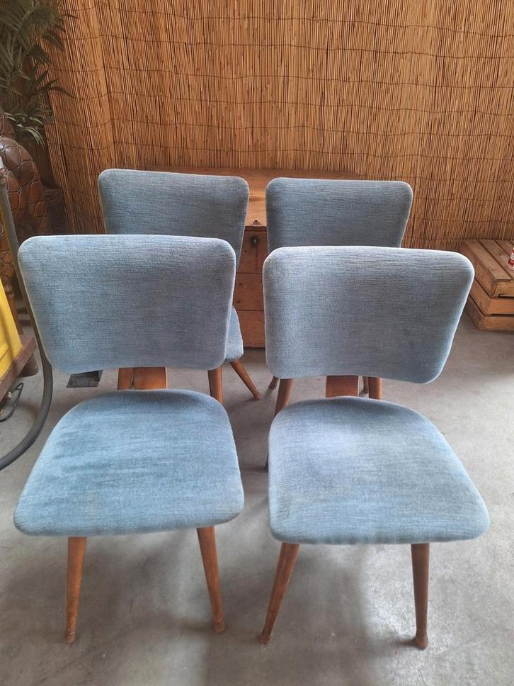 Vintage Eetkamerstoelen - Set van 4, Huis en Inrichting, Stoelen, Gebruikt, Vier, Hout, Stof, Blauw, Ophalen