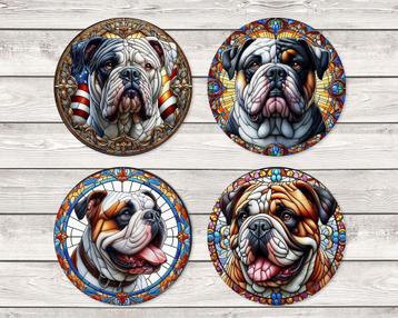Amerikaanse Bulldog Glas in lood onderzetters + houder rond beschikbaar voor biedingen