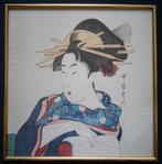Utamaro, Japanse prent op zijde,gemerkt+ boek van J. Hillier, Ophalen of Verzenden