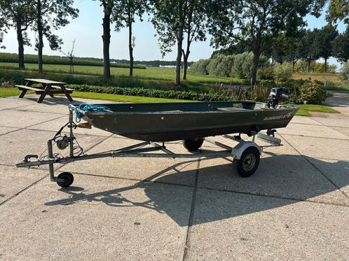 Aluminium Platbodem met Mercury 4pk, Watersport en Boten, Buiten- en Binnenboordmotoren, Gebruikt, Benzine, Buitenboordmotor, Minder dan 5 pk