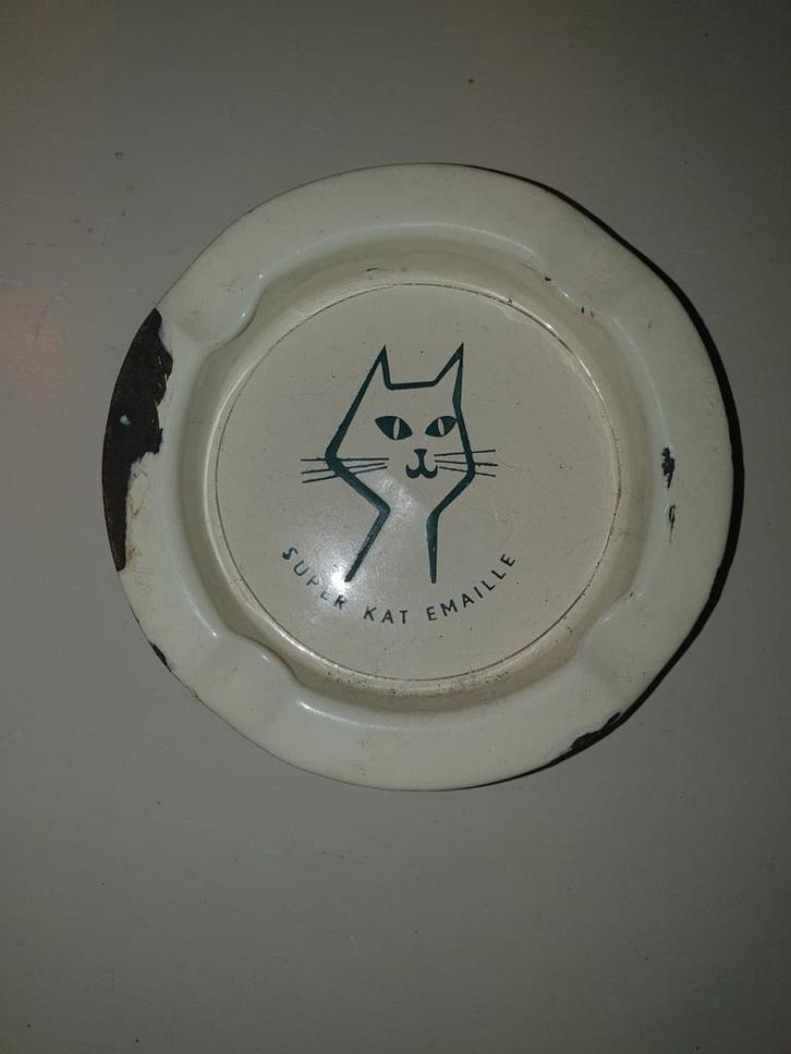 Vintage Emaille Asbak - Super Kat Design, Antiek en Kunst, Antiek | Emaille, Ophalen of Verzenden
