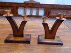 2 art deco kandelaars, hout en koper
