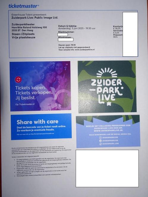 Concertkaarten Public Image Ltd. (PIL) ZuiderparkLive 5 juni, Tickets en Kaartjes, Concerten | Pop, Eén persoon, Juni