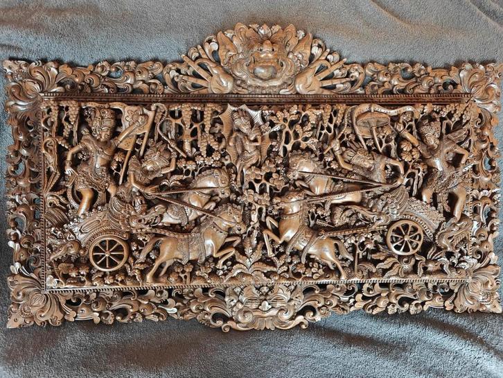3D Wandpaneel Mahabharata war - Indonesisch bali beeld hout, Antiek en Kunst, Kunst | Beelden en Houtsnijwerken, Ophalen of Verzenden
