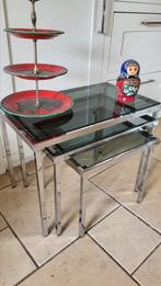 Vintage miniset nesting set bijzettafeltjes chroom netjes, Ophalen, Minder dan 45 cm, Minder dan 55 cm, Metaal of Aluminium