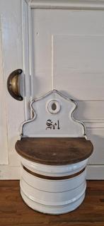 mooie wit emaille zoutpot met houten deksel~wit emaille Sel~, Ophalen of Verzenden