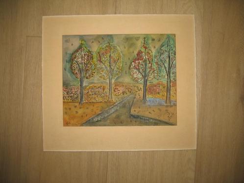 Prent Aquarel Ingetekend Mix van Gekleurde Bomen 1963 Vintag, Antiek en Kunst, Kunst | Overige Kunst, Ophalen of Verzenden