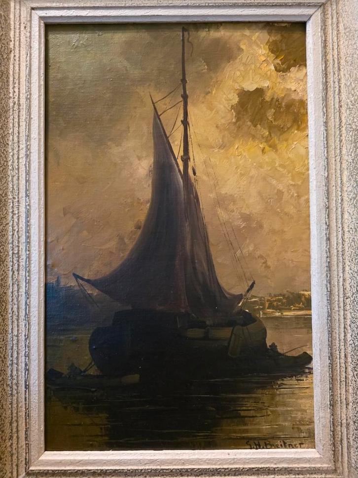 Bomschuit met vissers, G.H. Breitner,1857-1923, maroufle, Antiek en Kunst, Kunst | Schilderijen | Klassiek, Ophalen