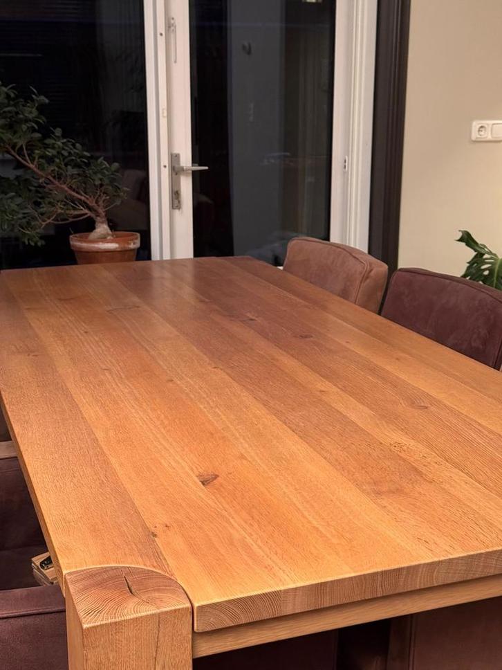 Massief eiken eettafel 220x100 cm incl. 6 stoelen – €200, Huis en Inrichting, Tafels | Eettafels, Zo goed als nieuw, 50 tot 100 cm