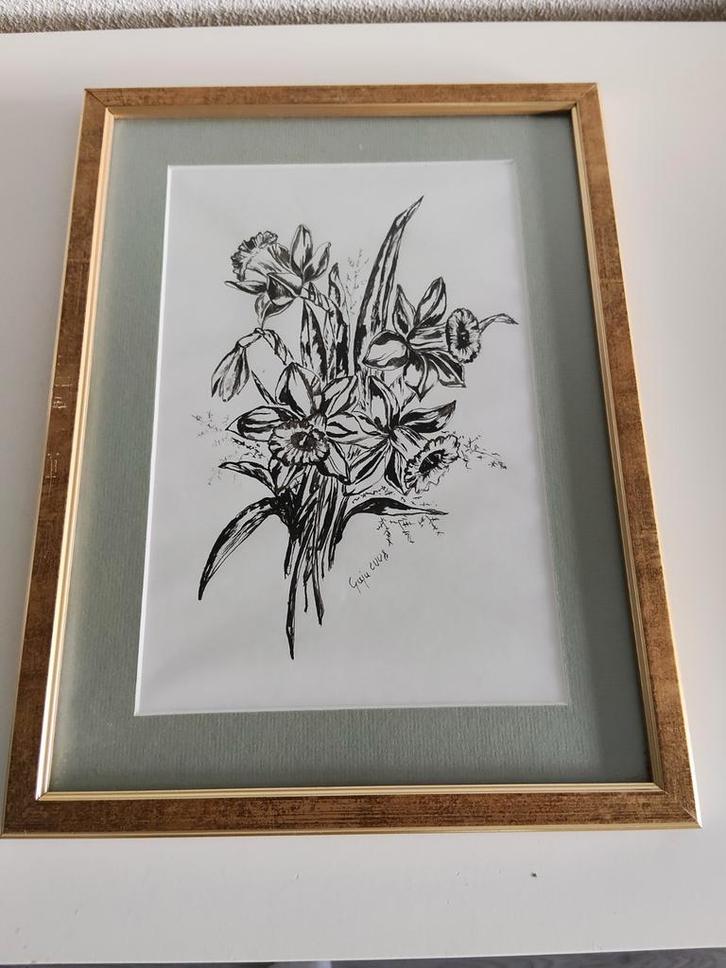 Bloemen pentekening met Gouden Lijst, Antiek en Kunst, Kunst | Tekeningen en Foto's, Ophalen of Verzenden