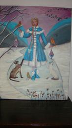 schilderij: De katten en vogels vriendin. 70 x 90 cm, Antiek en Kunst, Kunst | Schilderijen | Klassiek, Ophalen