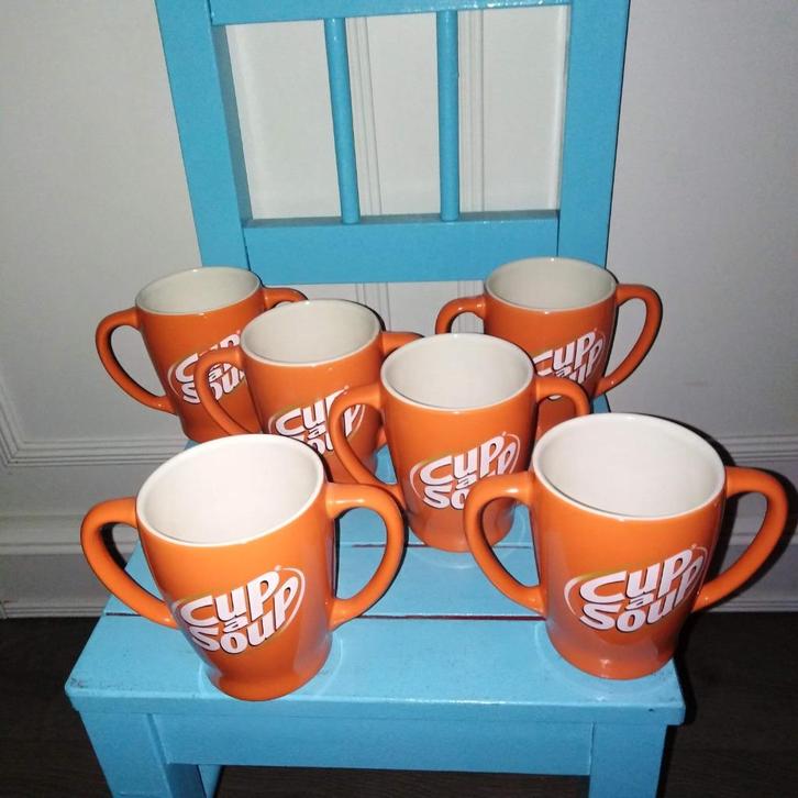 Cup a Soup oranje met dubbele oren set van 6 stuks, Huis en Inrichting, Keuken | Servies, Gebruikt, Glas of Glazen, Overige stijlen