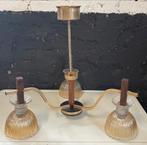 Vintage mid century lamp luchter messing teak glas, Ophalen, Gebruikt, Vintage mid century hanglamp design, Glas