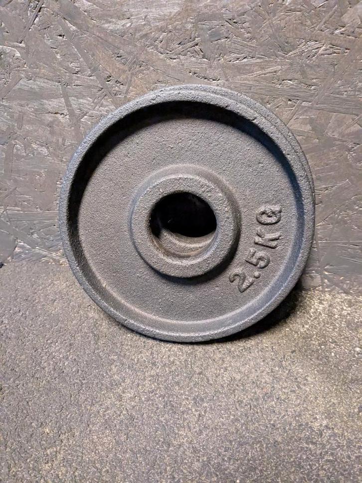 Set gietijzeren Halterschijven 105 kg, Sport en Fitness, Fitnessmaterialen, Zo goed als nieuw, Halterschijven, Armen, Benen, Borst