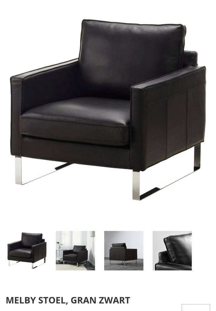Twee stijlvolle zwarte leren fauteuils van IKEA, type MELBY., Huis en Inrichting, Fauteuils, Zo goed als nieuw, Leer, Metaal, 50 tot 75 cm