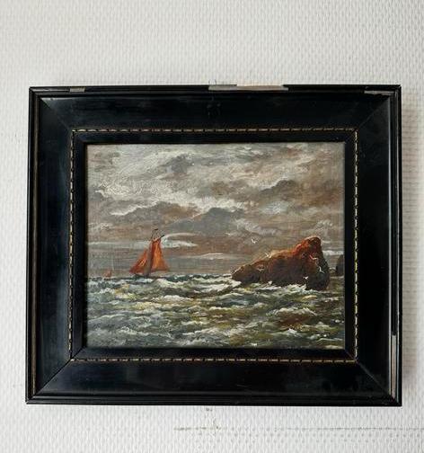 Klein maritiem olieverfschilderij – zeilschip op ruwe zee, Antiek en Kunst, Kunst | Schilderijen | Klassiek, Ophalen of Verzenden
