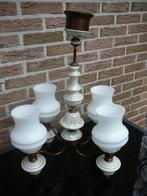 Antieke Hanglamp met 4 kelken, met melkglas en parelmoer., Antiek en Kunst, Ophalen of Verzenden