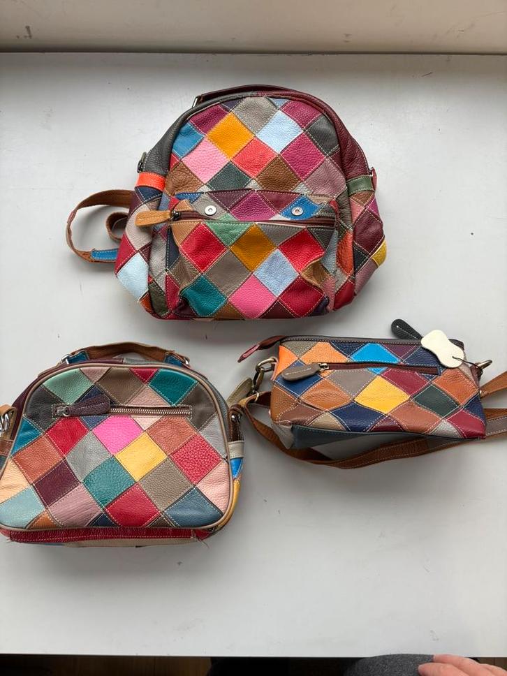 (E) Set van 3 tassen, echt leer – kleurrijk patchwork design, Sieraden, Tassen en Uiterlijk, Tassen | Schoudertassen, Leer, Verzenden