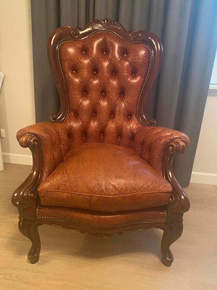 Prachtige Barok Stoel met Lederen Bekleding, Huis en Inrichting, Fauteuils, Gebruikt, Hout, 50 tot 75 cm, Minder dan 75 cm, Ophalen