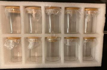 Nieuwe set 10 glazen voorraadpotjes 280 ml met bamboedeks beschikbaar voor biedingen