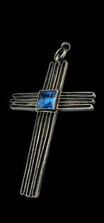 Art Deco Zilveren kruis facetgeslepen Aquamarijn steen, Verzenden, Zilver, Hanger