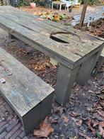 Steigerhouten tafel met bankjes (gratis), Tuin en Terras, Ophalen, Gebruikt, Rechthoekig, Hout