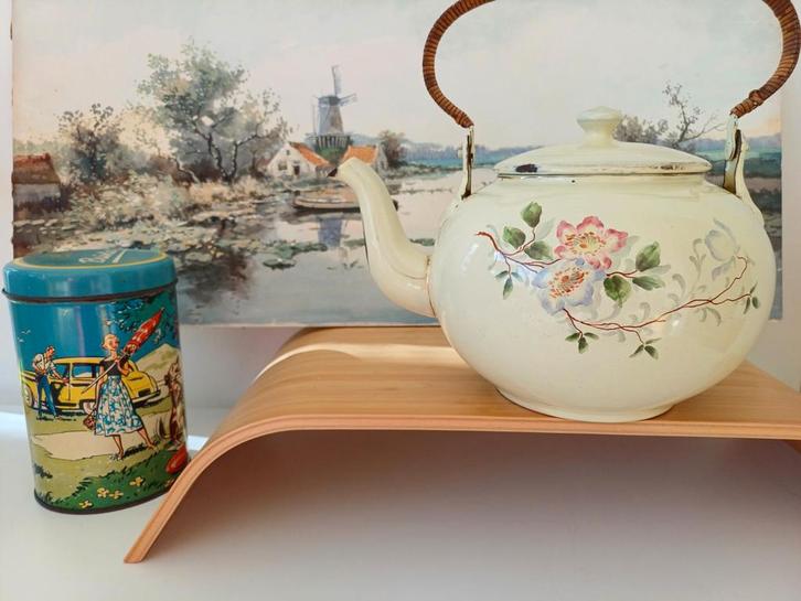 Vintage Emaille Chocoladeketel met Bloemen, Antiek en Kunst, Antiek | Emaille, Ophalen of Verzenden