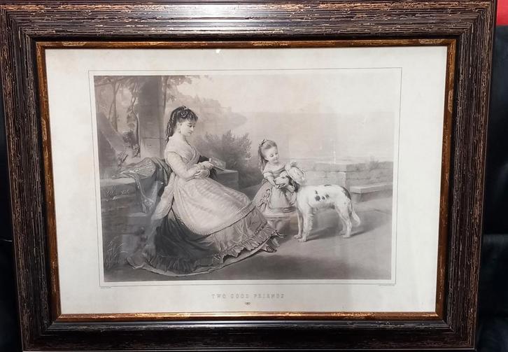 Oude prent 'Two Good Friends' door C. Brochart, Antiek en Kunst, Kunst | Etsen en Gravures, Ophalen