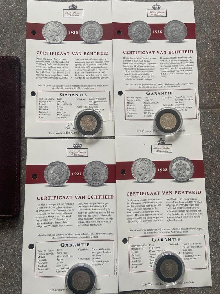 4 Zilveren halve guldens 1921-1930 met certificaat, Postzegels en Munten, Munten | Nederland, Setje, ½ gulden, Koningin Wilhelmina