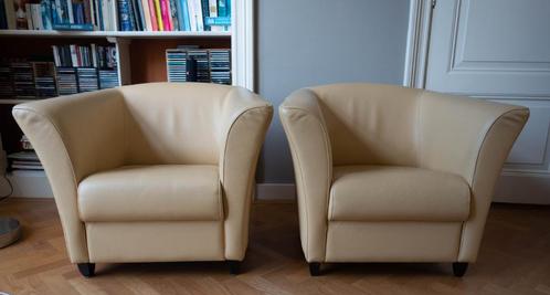 set van 2 leren fauteuils, zachtgeel, Huis en Inrichting, Fauteuils, Gebruikt, Leer, 75 tot 100 cm, 75 tot 100 cm, Ophalen