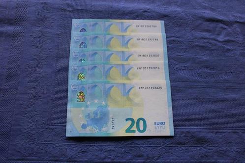 Eurobiljet 5 x 20 Euro UNC 2017 Lagarde 5 opeenvolgende nrs, Postzegels en Munten, Bankbiljetten | Europa | Eurobiljetten, Setje