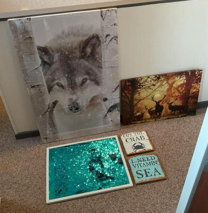 Schilderijen en kussens o.a. van uil en wolf en meer., Huis en Inrichting, Woonaccessoires | Schilderijen, Tekeningen en Foto's