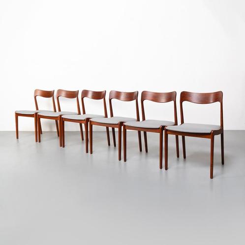 Vintage Deense eetkamerstoelen, set van 6, Huis en Inrichting, Stoelen, Gebruikt, Vijf, Zes of meer stoelen, Hout, Stof, Grijs