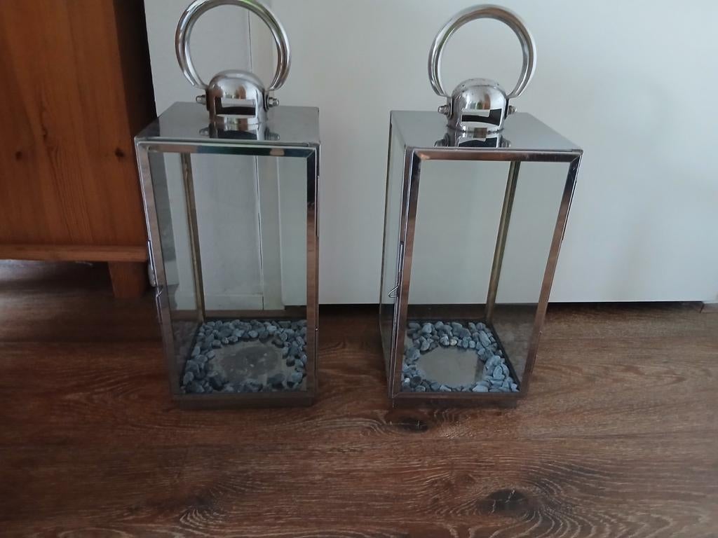 Set van 2 metalen windlichten/lantaarns. Lifestyle, Ophalen, 25 tot 50 cm, Zo goed als nieuw, Grijs