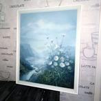 Schilderij met madeliefjes in berglandschap en rivier, Ophalen, Gebruikt, 50 tot 75 cm, Schilderij