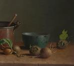 Schilderij stilleven mispels pan en schaal. Hans Habraken., Ophalen of Verzenden