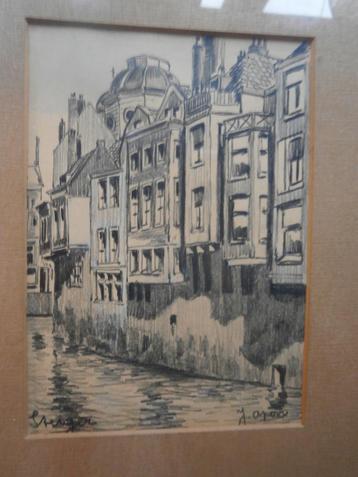 Apon, Mooie oude tekening van Oud Rotterdam, oud lijstje  beschikbaar voor biedingen