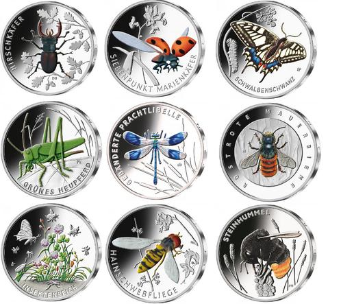 Volledige Duitse insecten vijfjes collectie, Postzegels en Munten, Munten | Europa | Euromunten, Setje, 5 euro, Duitsland, Goud