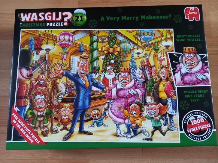 Wasgij Christmas 21 - Een feestelijke make-over!, Hobby en Vrije tijd, Denksport en Puzzels, Zo goed als nieuw, Legpuzzel, 500 t/m 1500 stukjes