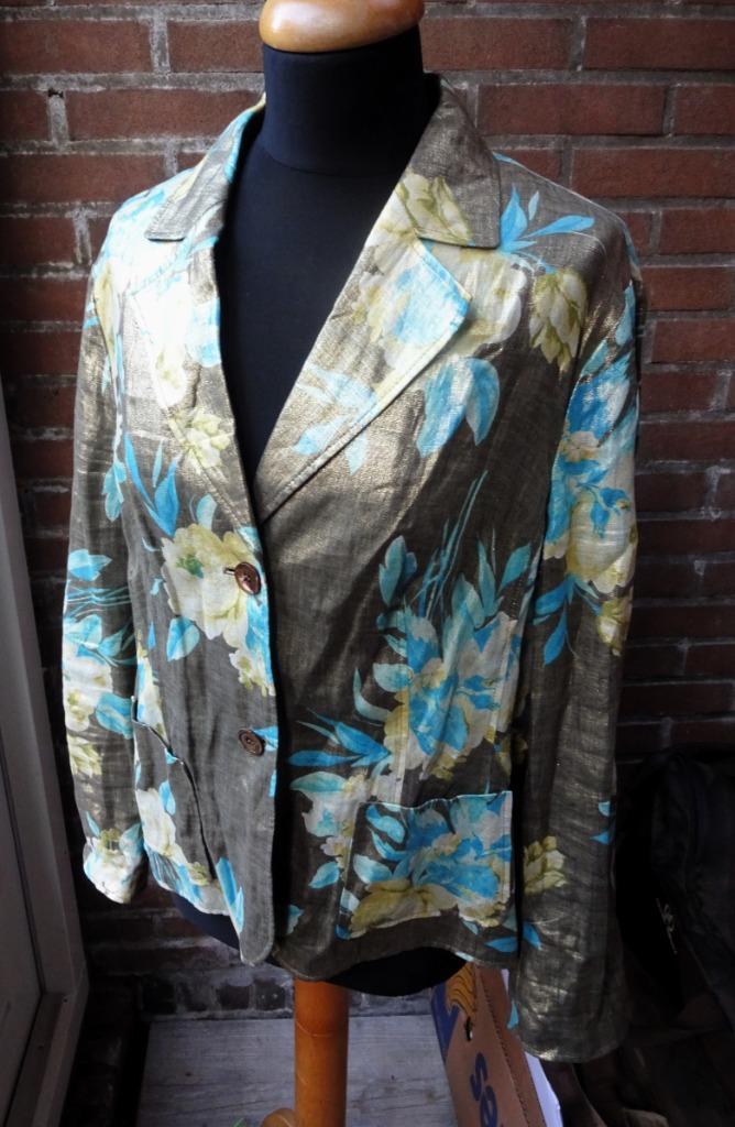 Bruin/goud glanzend gebloemd Linnen Jean Paul jasje maat L, Kleding | Dames, Jasjes, Kostuums en Pakken, Zo goed als nieuw, Jasje
