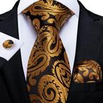 100% zijden stropdas pochet manchetknopen Goud Zwart -NIEUW-, Nieuw, Ophalen of Verzenden, Overige kleuren