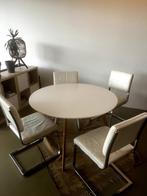 Ronde witte eettafel (hout) + stoelen (wit leer en chrome), Huis en Inrichting, Tafels | Eettafels, Ophalen, Gebruikt, Rond, 50 tot 100 cm